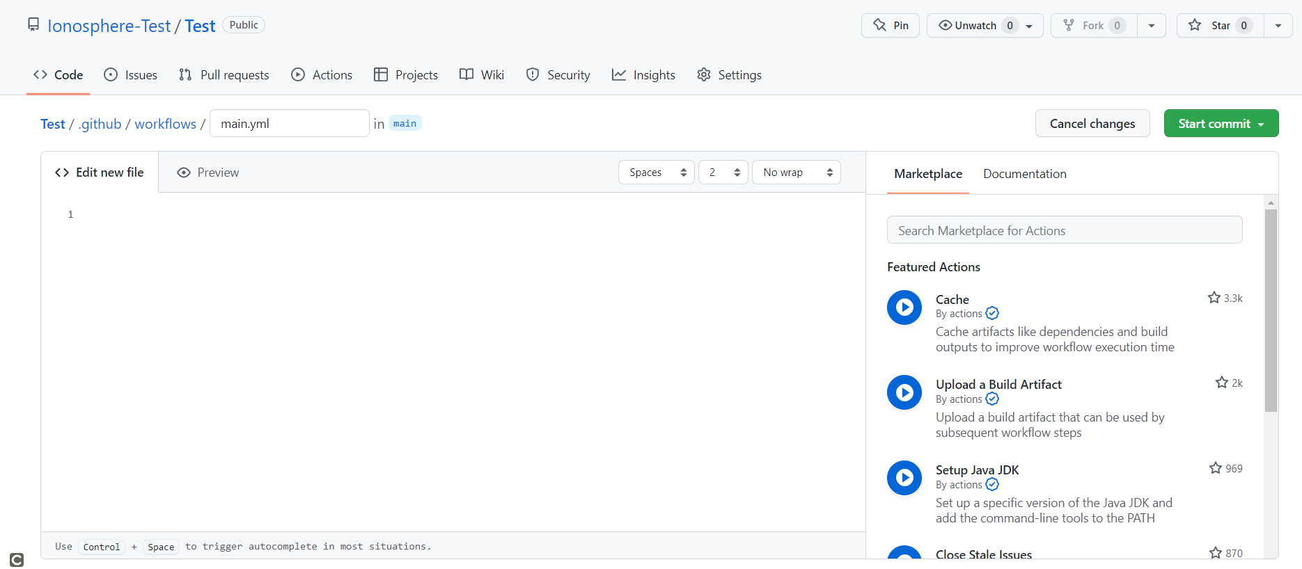 The main.yml file in the GitHub editor The main.yml file in the GitHub editor