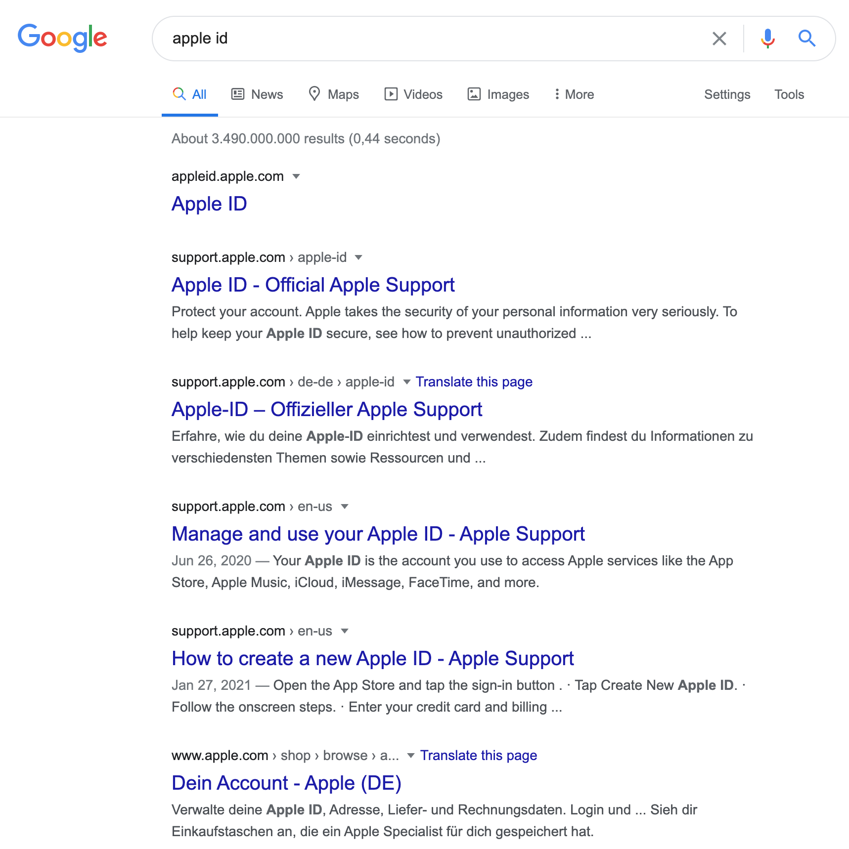 SERP de la recherche « apple id » sur Google