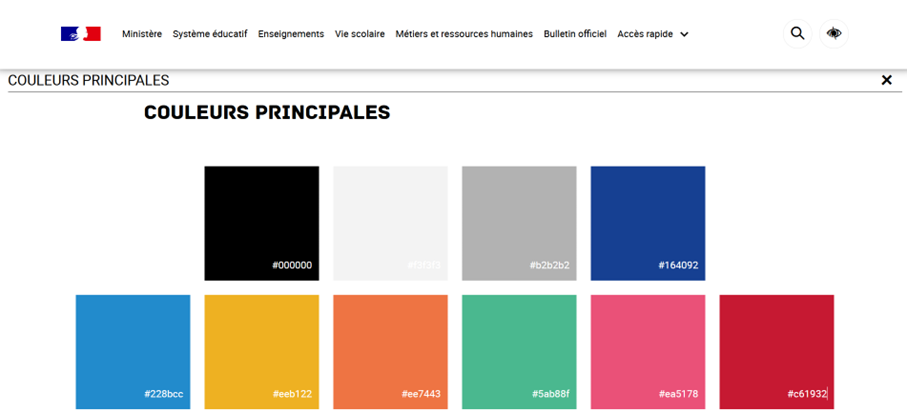Capture d’écran du guide de style en ligne du ministère de l’Éducation nationale avec la gamme de couleurs demandée par le gouvernement