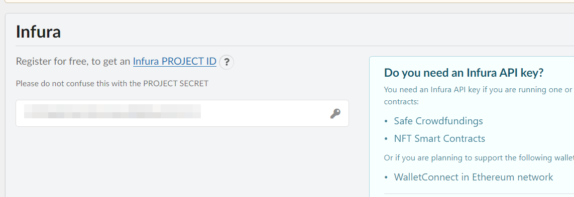 Saisie de la clé API Infura dans le backend WordPress Saisie de la clé API Infura dans le backend WordPress