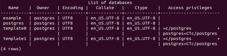 List of databases in PostgreSQL on Ubuntu 20.04 List of databases in PostgreSQL on Ubuntu 20.04