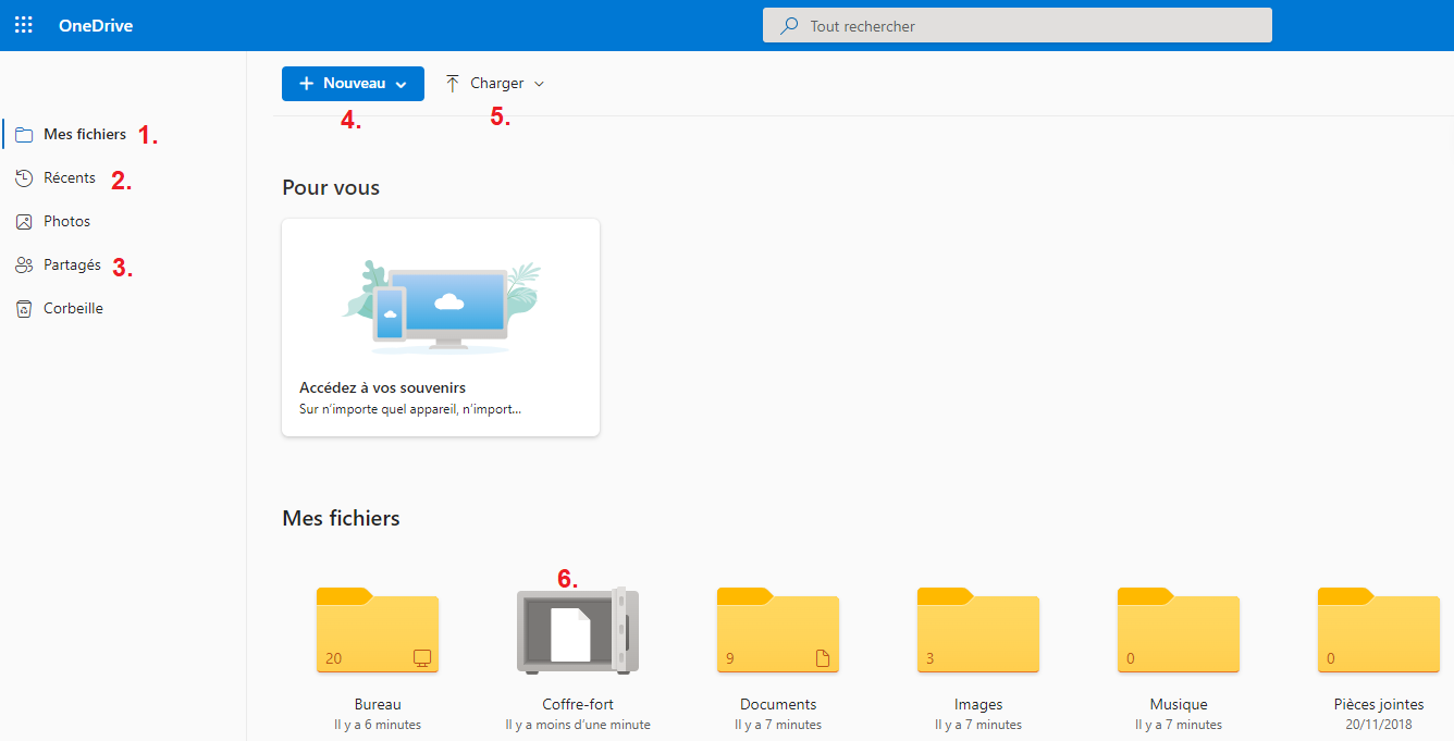 Capture d’écran du menu OneDrive avec un compte Microsoft