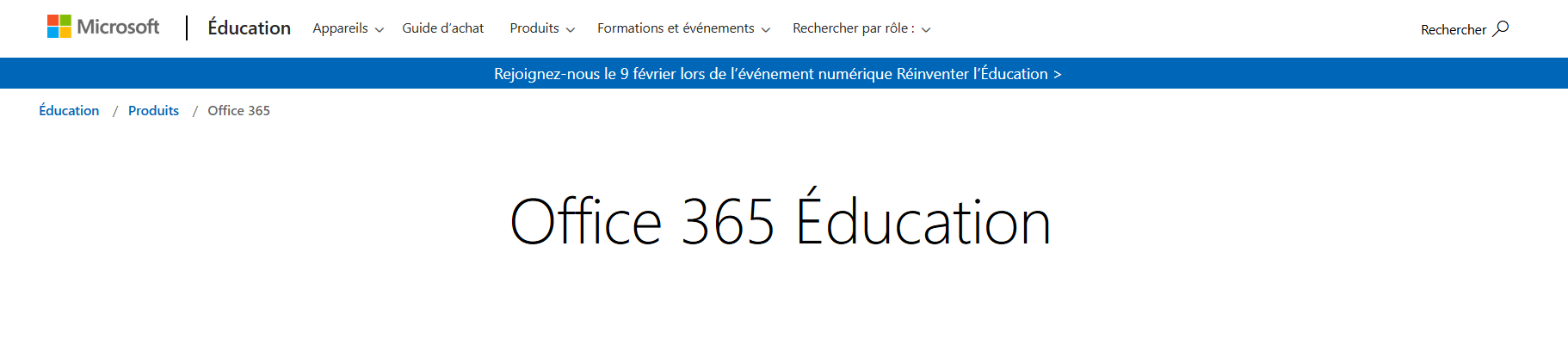 La page de Microsoft 365 Éducation