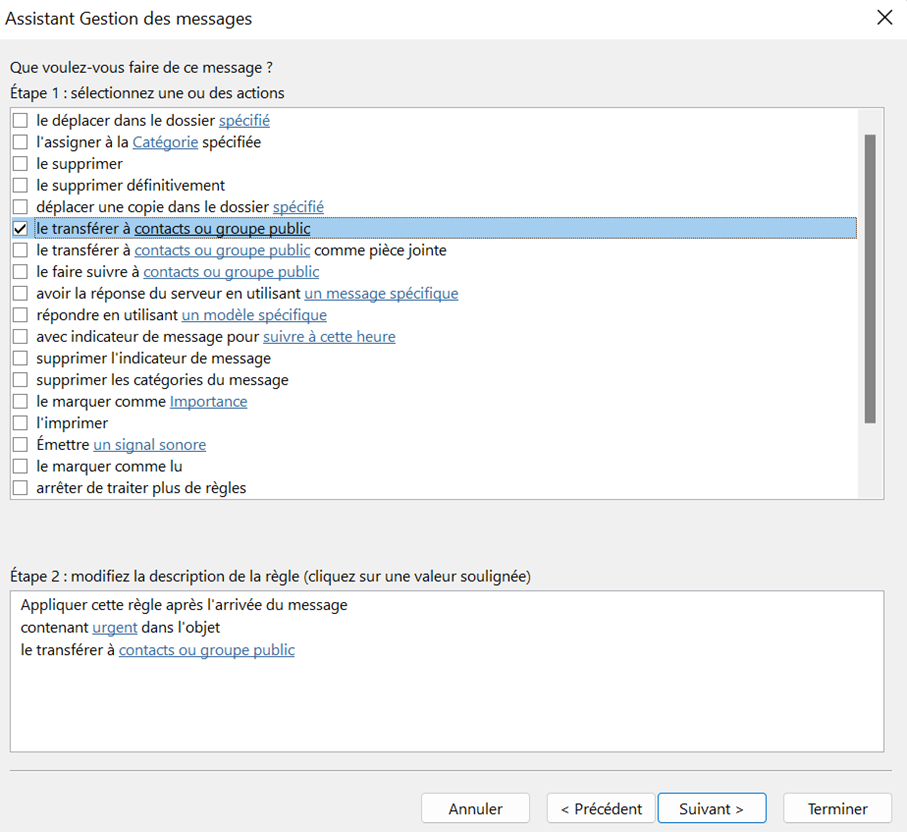 Outlook 365 : Assistant Gestion des messages et ses différentes actions possibles