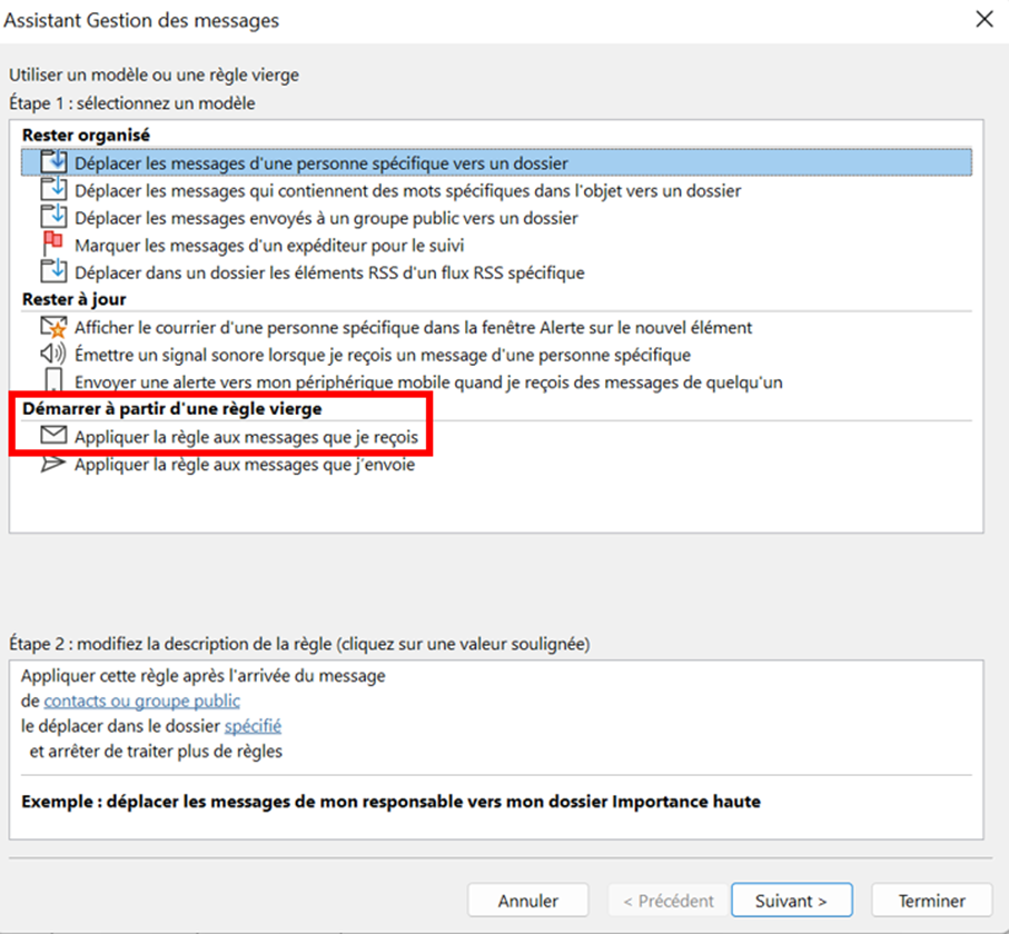 Outlook 365 : l’assistant Gestion des messages pour définir les règles