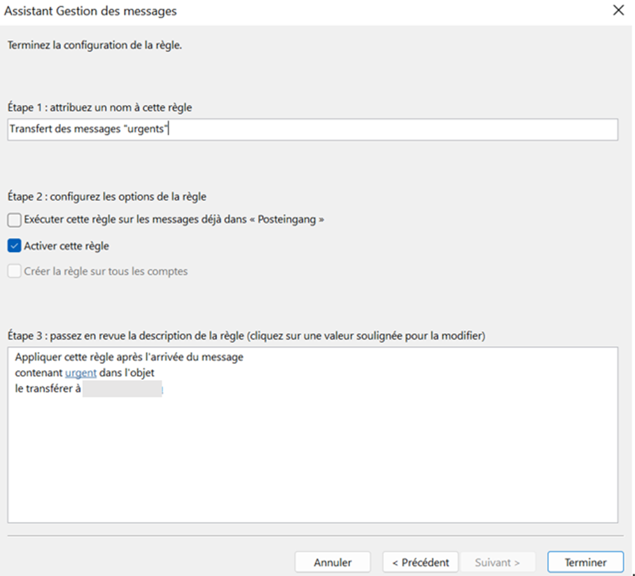 Outlook 365 : Assistant Gestion des messages pour terminer la configuration de la règle