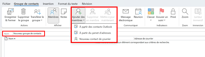 Groupe de contacts Outlook : ajouter de nouveaux membres