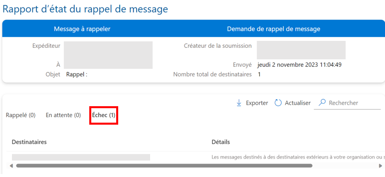 Rapport sur l’échec d’un rappel Rapport sur l’échec d’un rappel