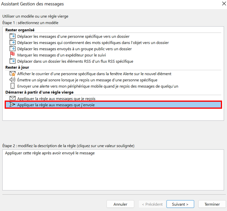 Assistant Gestion des messages : créer une nouvelle règle Assistant Gestion des messages : créer une nouvelle règle