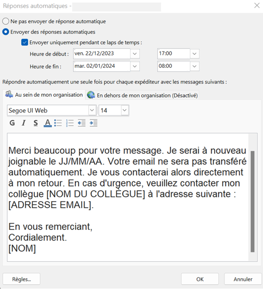 Fenêtre de saisie d’un message d’absence avec option cochée d’envoi pendant un délai spécifique