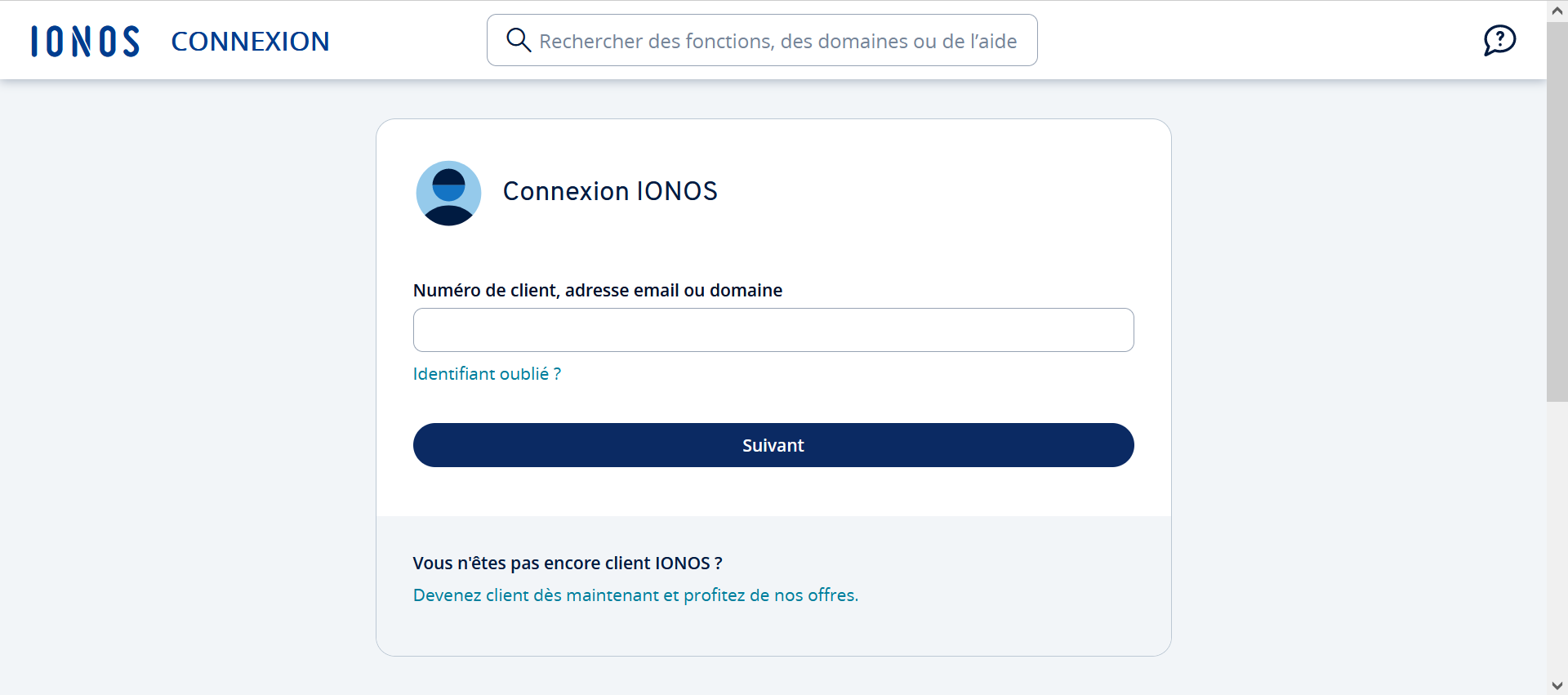 Capture d’écran de la page de connexion de IONOS