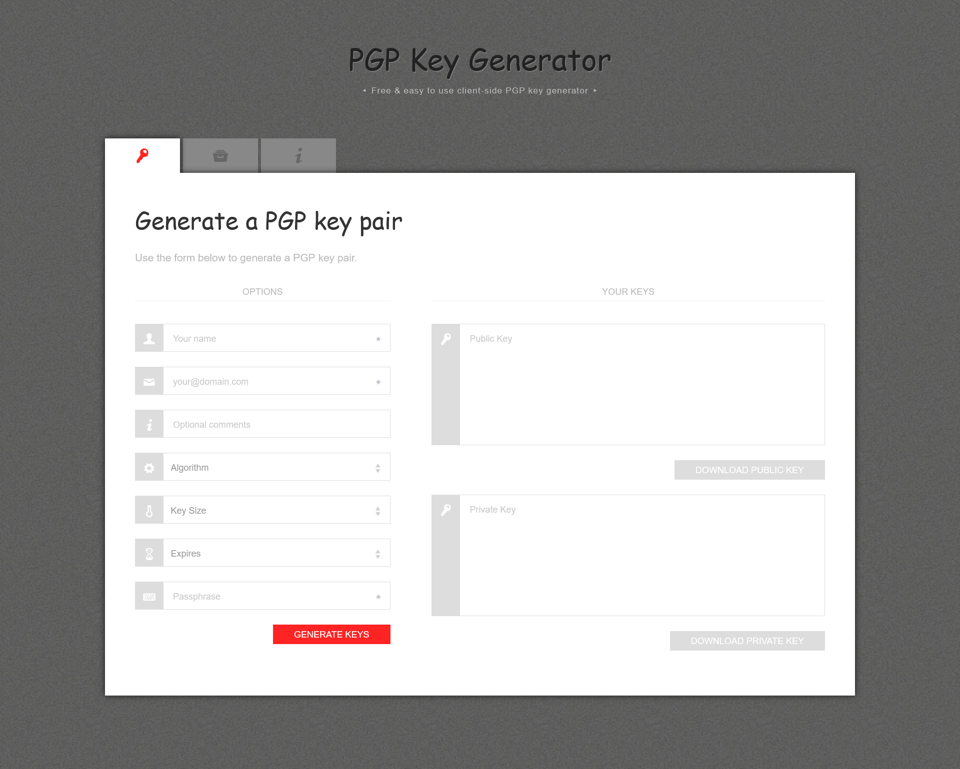 Outil en ligne pour la génération de clés PGP : PGP Key Generator Outil en ligne pour la génération de clés PGP : PGP Key Generator