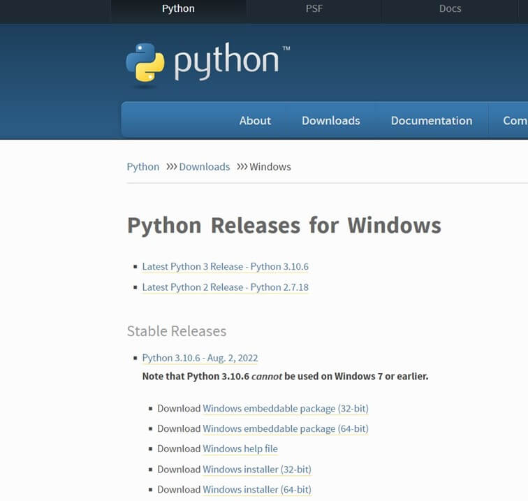 Capture d’écran de la page de téléchargement de Python pour Windows
