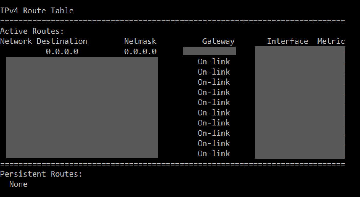 A routing table in Windows Command Prompt A routing table in Windows Command Prompt