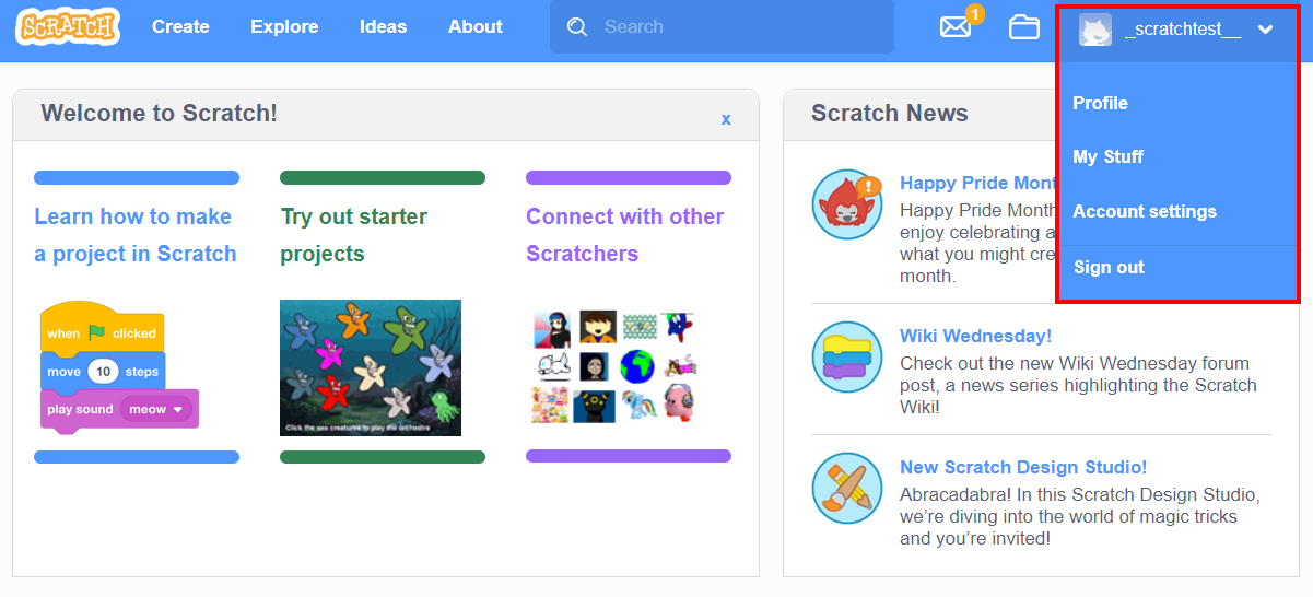 Apprendre le Scratch : menu rapide pour le profil, le compte et les projets