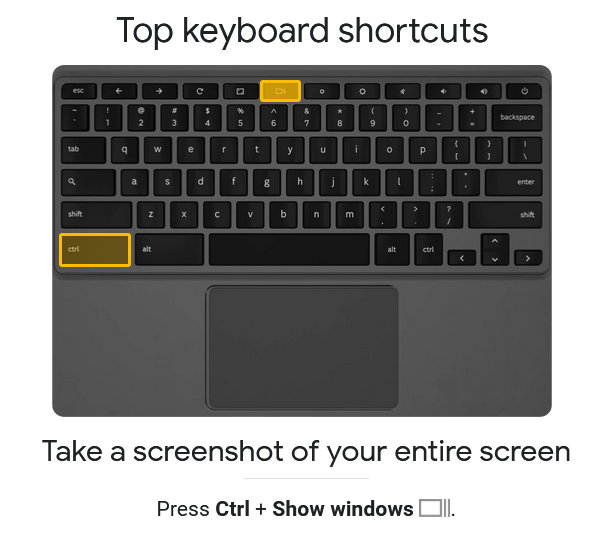 Capture d’écran d’un simulateur Chromebook avec photo d’un clavier de Chromebook et les touches « Ctrl » et « Afficher les fenêtres » en surbrillance