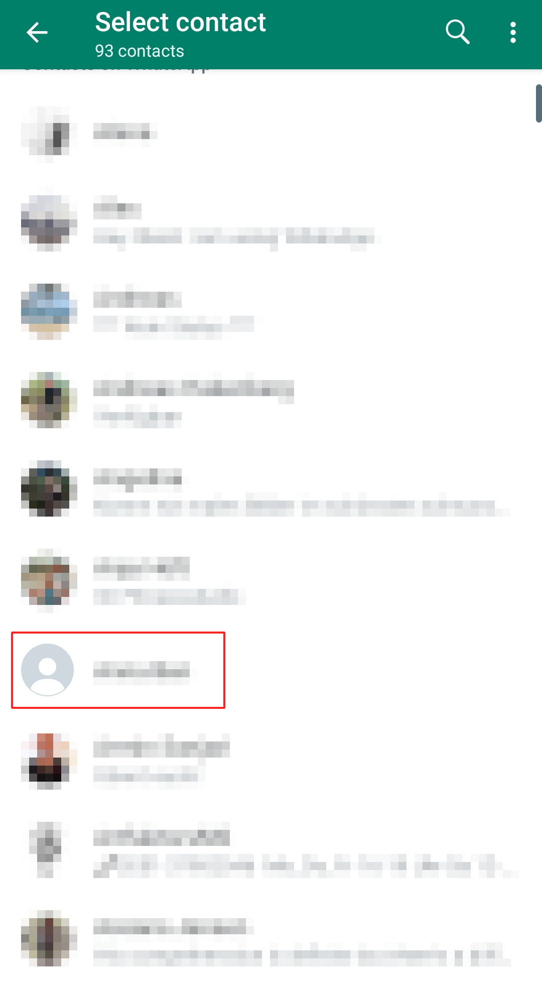 Capture d’écran de la liste de contacts sur WhatsApp