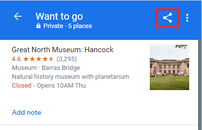 Capture d’écran d’un lieu enregistré dans Google Maps