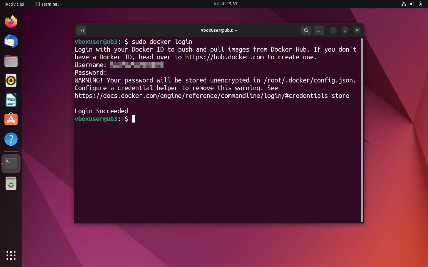 Connexion au hub Docker depuis le terminal Ubuntu