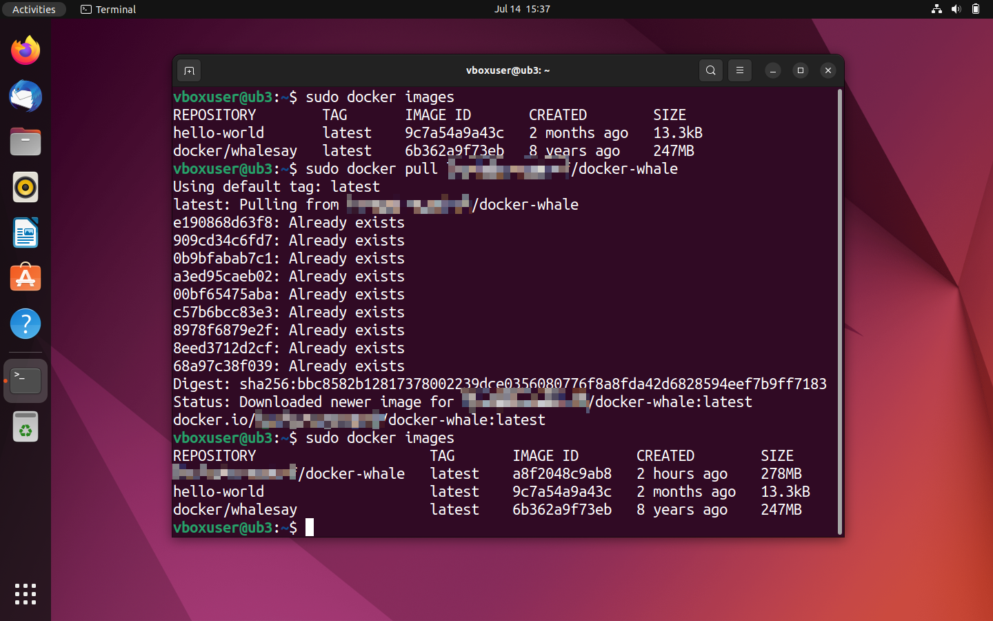 Terminal Ubuntu téléchargement depuis le hub Docker