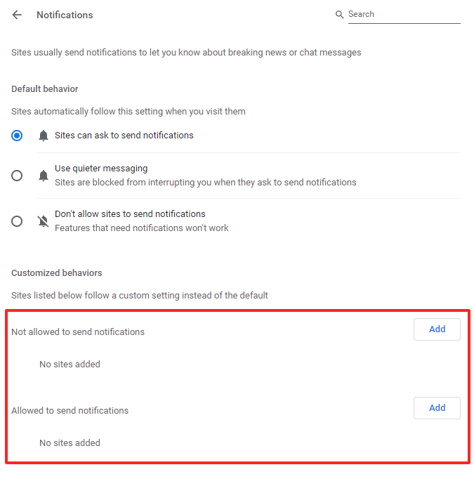 Screenshot of the Google Chrome settings section showing which websites are sending notifications Screenshot of the Google Chrome settings section showing which websites are sending notifications