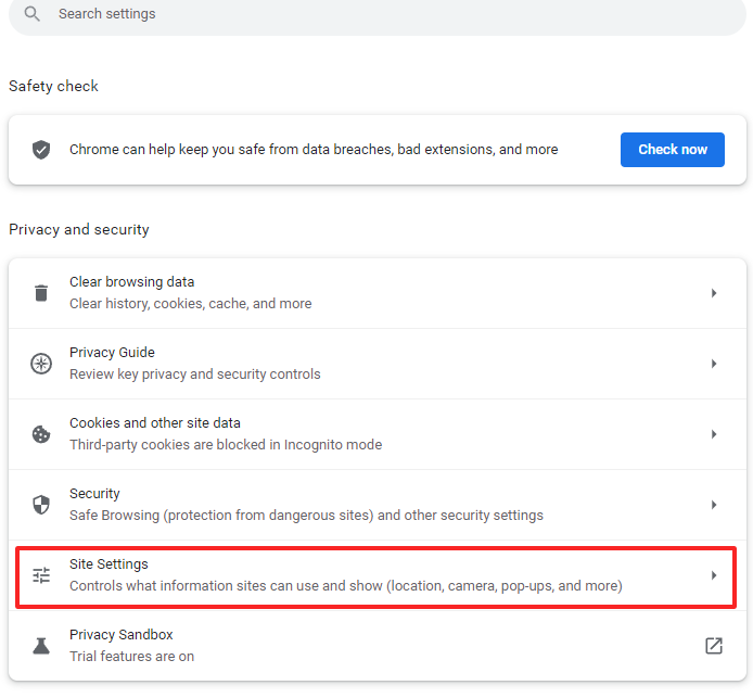 Screenshot of the “Privacy and security” menu of the Google Chrome browser Screenshot of the “Privacy and security” menu of the Google Chrome browser