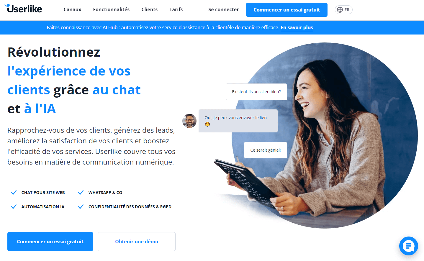 Page d’accueil du site Web de Userlike Page d’accueil du site Web de Userlike