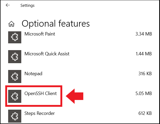 The “Optional Features” menu with the OpenSSH client The “Optional Features” menu with the OpenSSH client