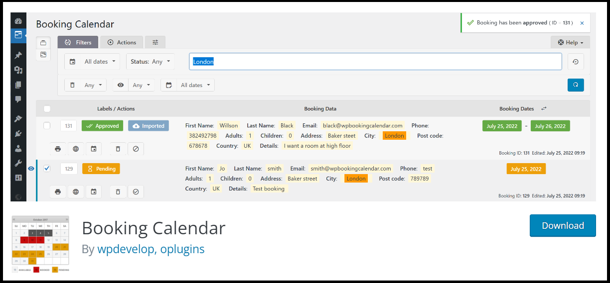 Page WordPress du plugin Booking Calendar