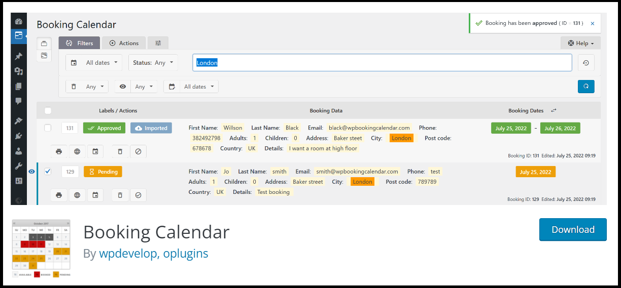 Page WordPress du plugin Booking Calendar Page WordPress du plugin Booking Calendar