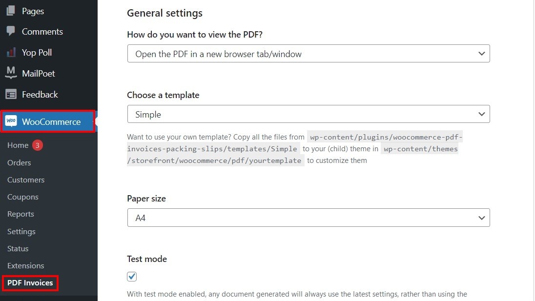 Menu « Paramètres généraux » du plugin WooCommerce PDF Invoices & Packing Slips