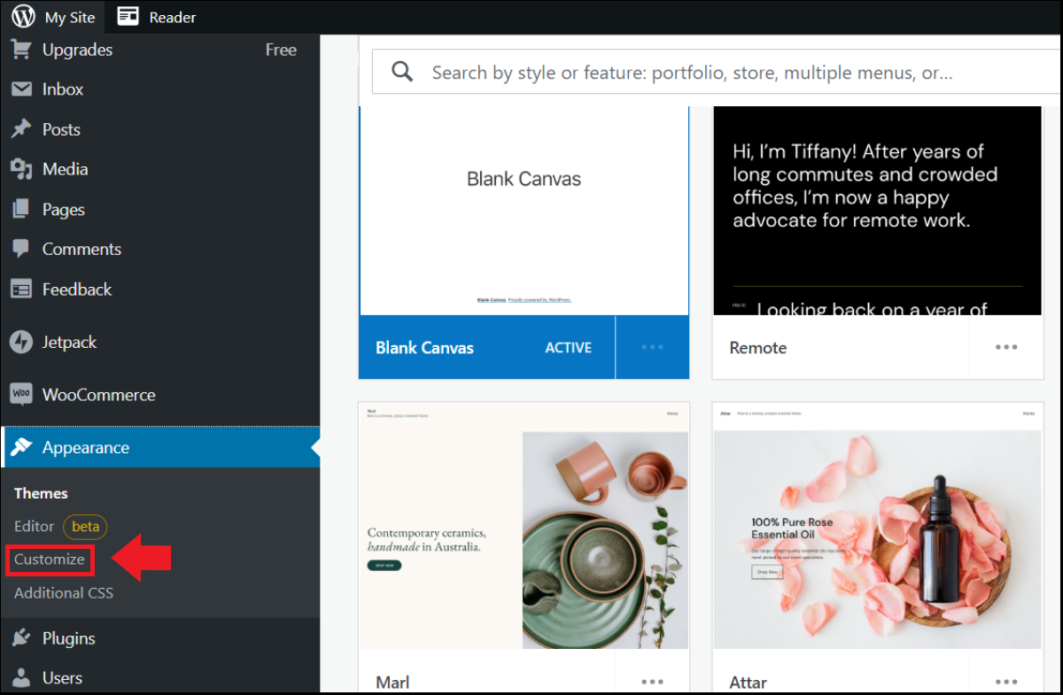 La rubrique « Personnaliser » du tableau de bord, qui permet de configurer des pages produit La rubrique « Personnaliser » du tableau de bord, qui permet de configurer des pages produit