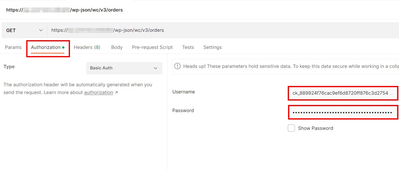 Capture d’écran de Postman : indication de la clé API et du secret API Capture d’écran de Postman : indication de la clé API et du secret API