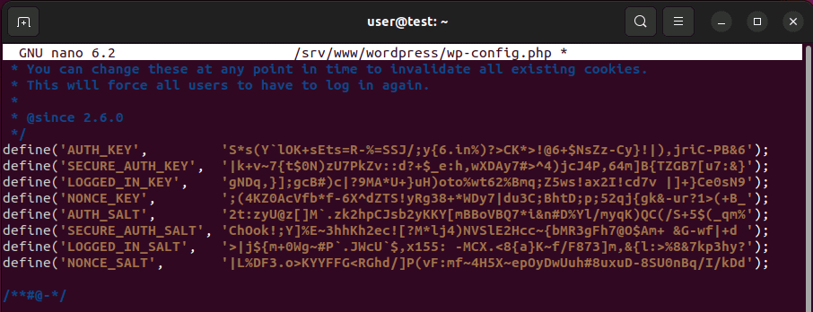 wp-config.php configuration file with new key entries wp-config.php configuration file with new key entries