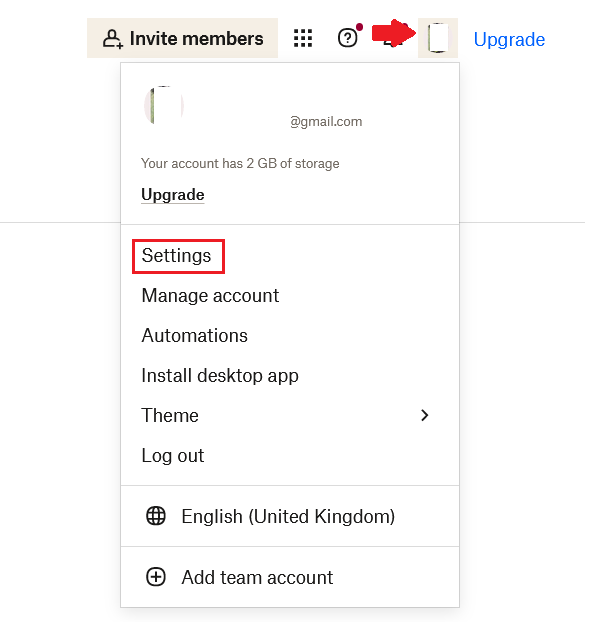 Page de compte Dropbox du profil utilisateur Image: Page de compte Dropbox du profil utilisateur