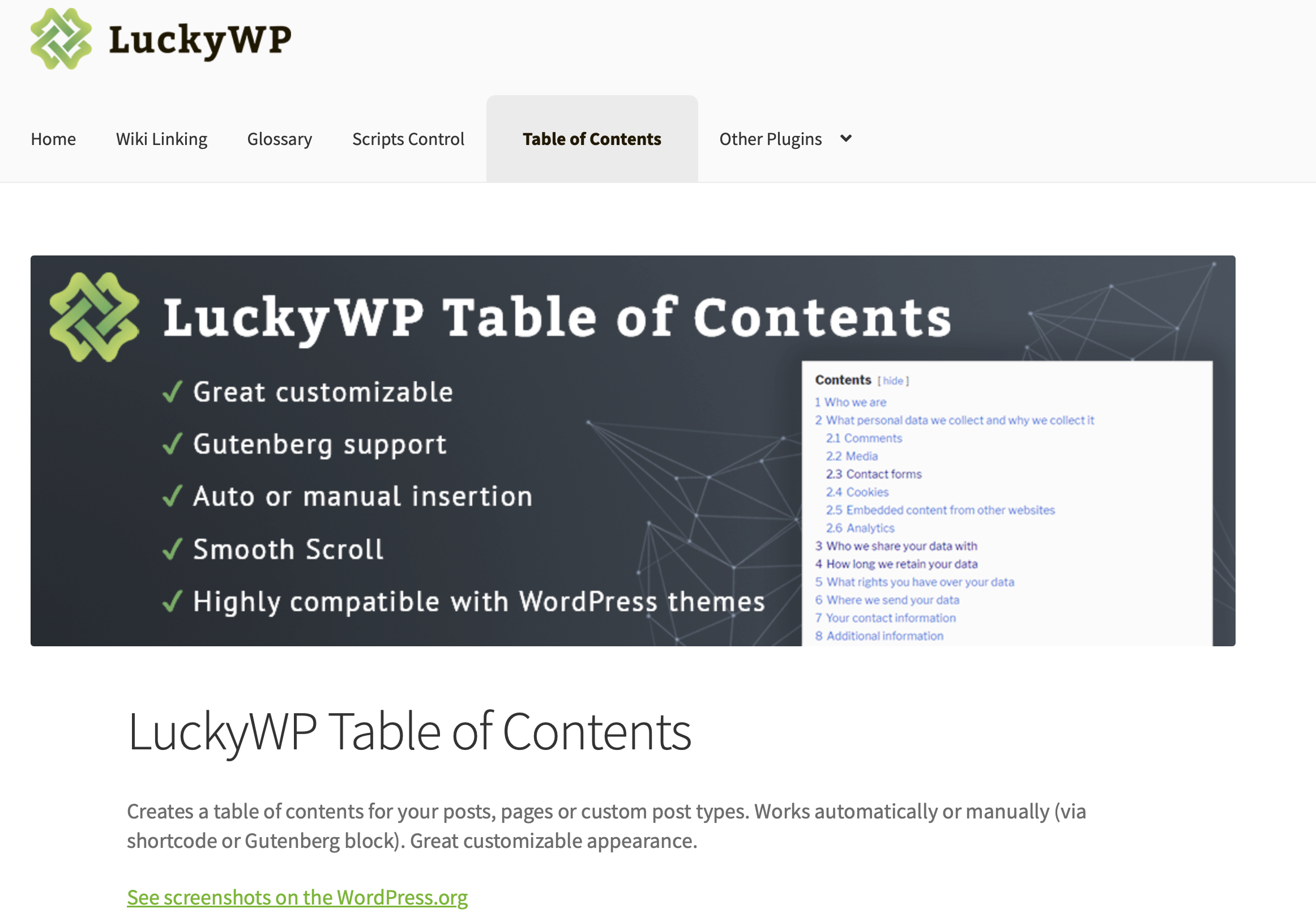 Page d’information LuckyWP Table of Contents sur le site du développeur Image: Page d’information LuckyWP Table of Contents sur le site du développeur