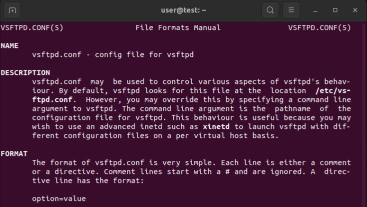 Page de manuel du fichier de configuration vsftpd Image: Page de manuel du fichier de configuration vsftpd