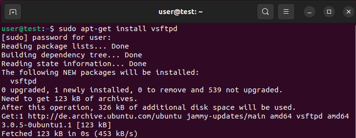 Ubuntu 22.04 : installation de vsftpd dans le terminal Image: Ubuntu 22.04 : installation de vsftpd dans le terminal
