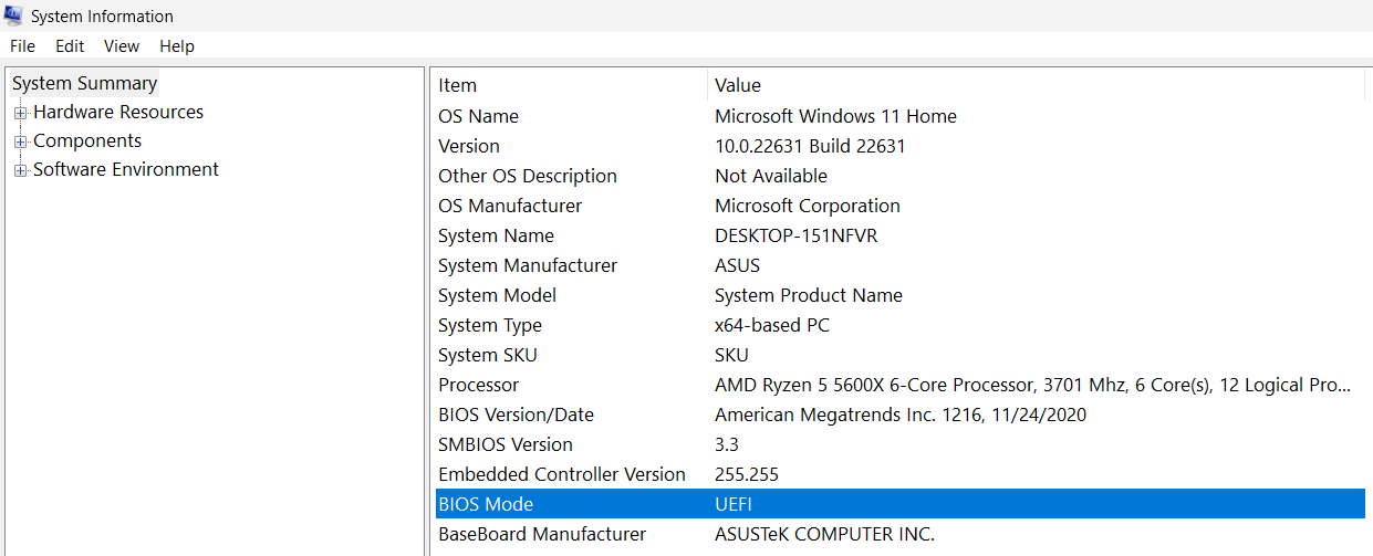 Mode BIOS dans l’aperçu système de Windows 11 Mode BIOS dans l’aperçu système de Windows 11