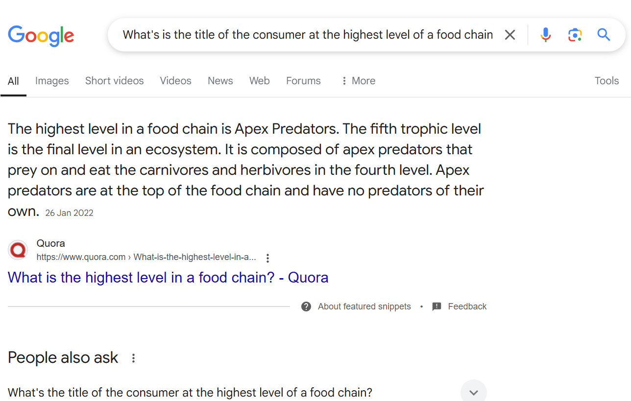 Page de résultats de recherche Google pour la recherche « What’s the title of the consumer at the highest level of a food chain » Image: Page de résultats de recherche Google pour la recherche « What’s the title of the consumer at the highest level of a food chain »