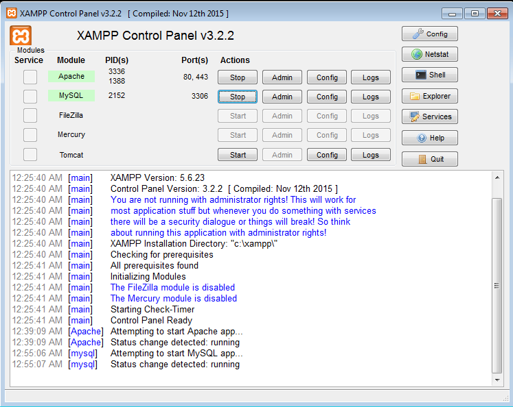 Modules actifs sur le panneau de contrôle XAMPP