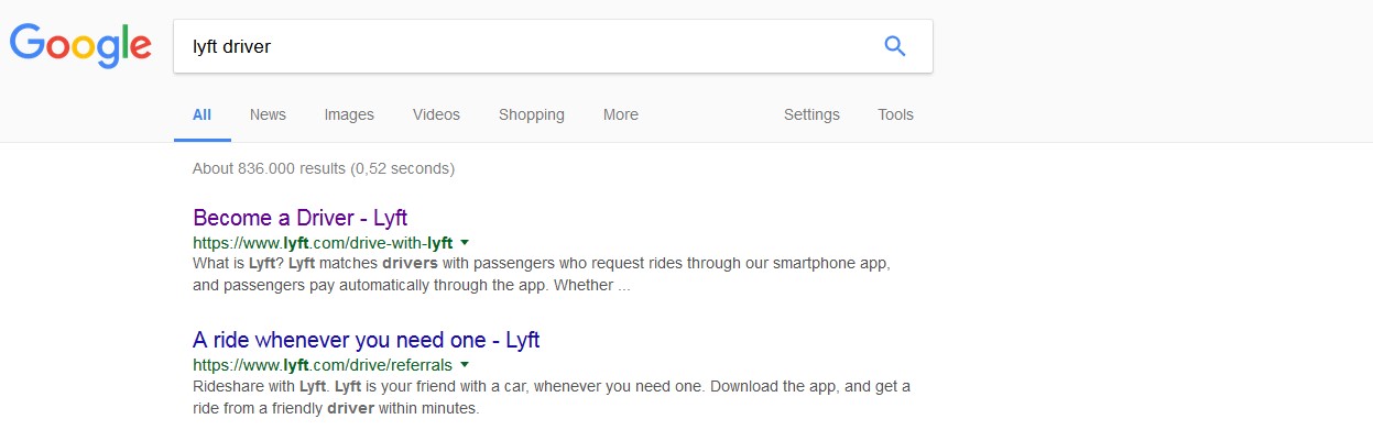 résultats de recherche Google pour le service de location de voitures Lyft
