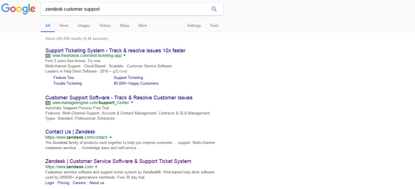 résultats de recherche Google pour « zendesk customer support »