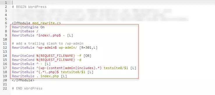 Nouveau fichier .htaccess avec le code remplacé issu du back-end WordPress