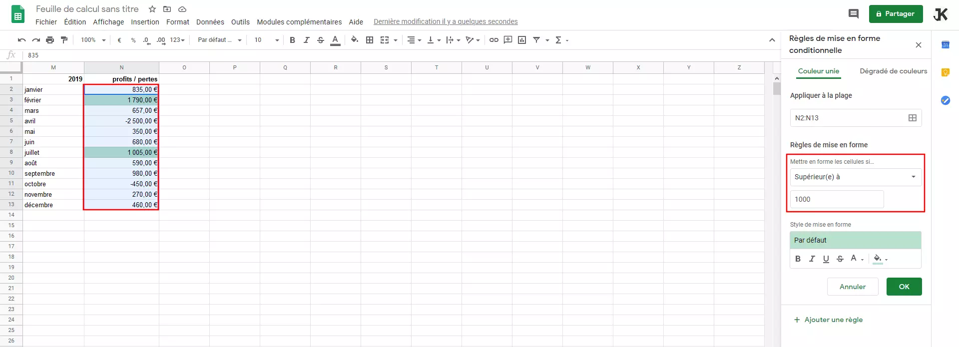 Google Sheets : mise en forme conditionnelle (Règle)
