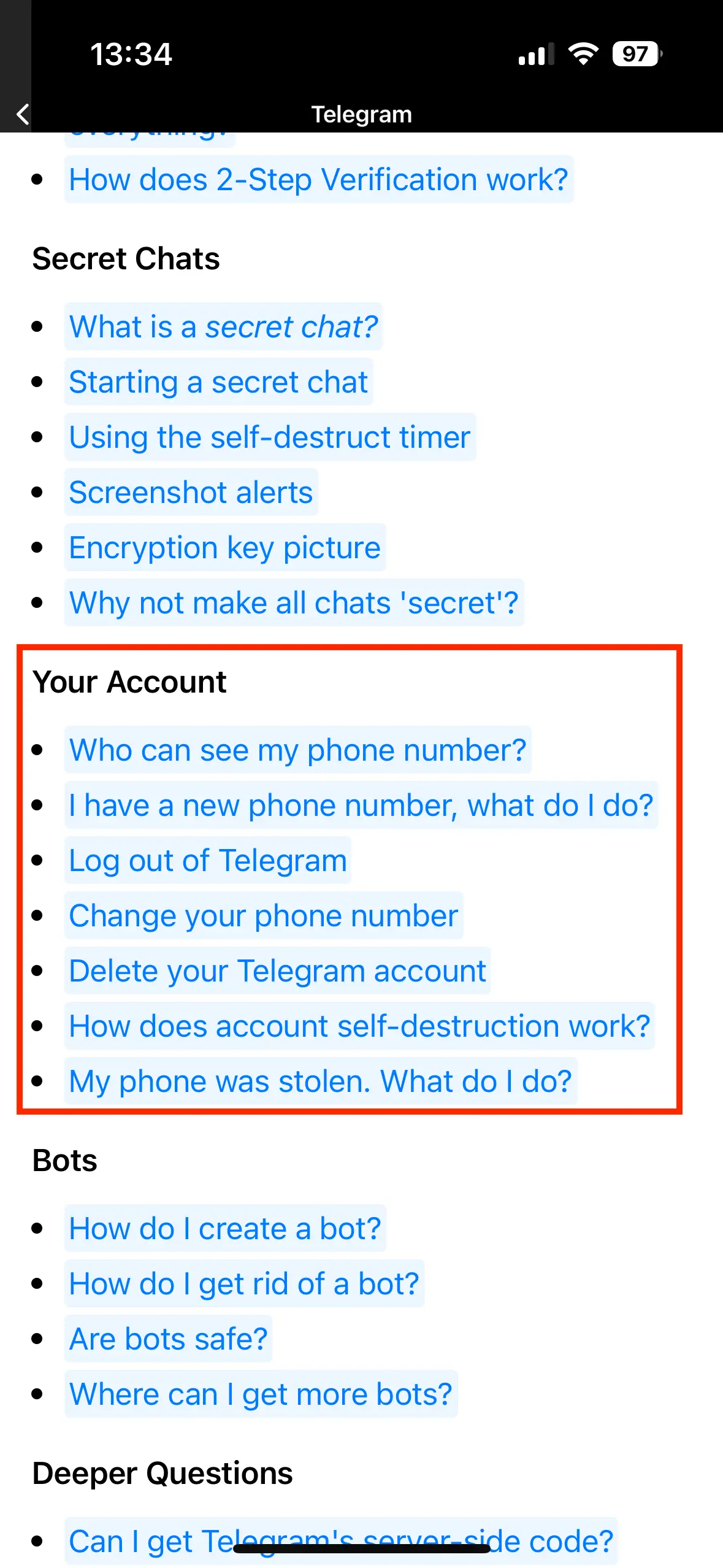 Image: Zone FAQ de l’application Telegram avec « Your Account »