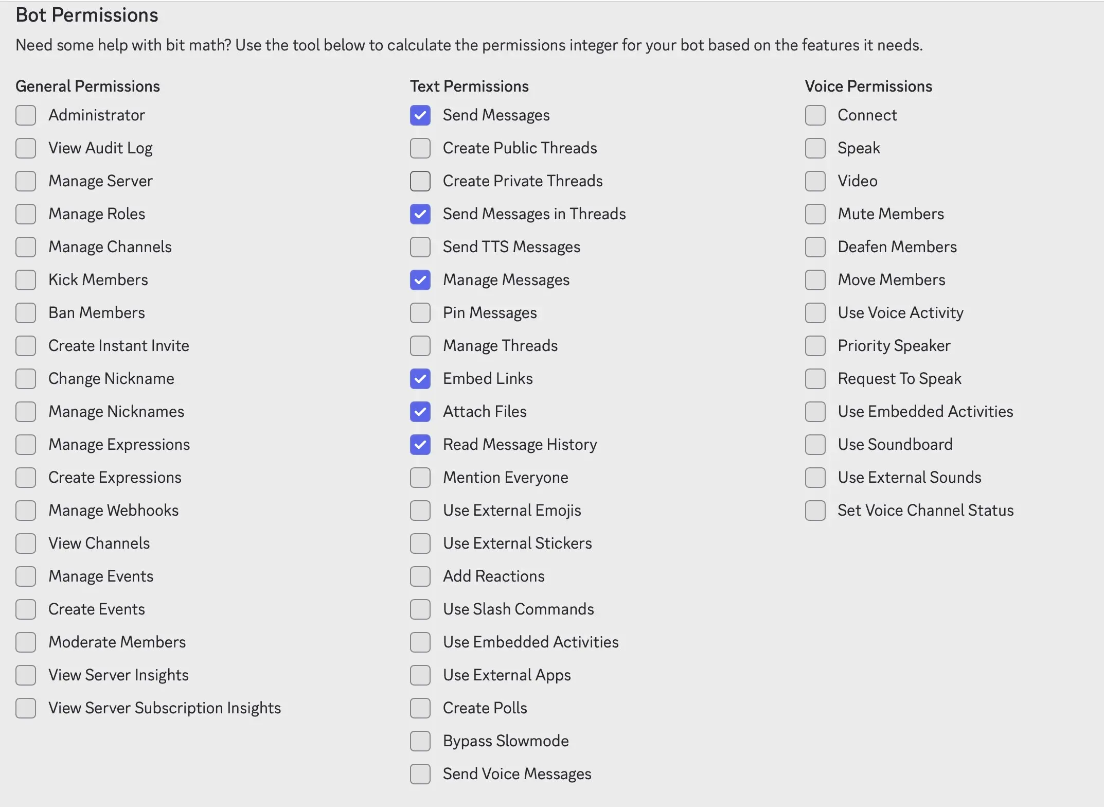Image: Discord Developer Portal : Bot Permissions