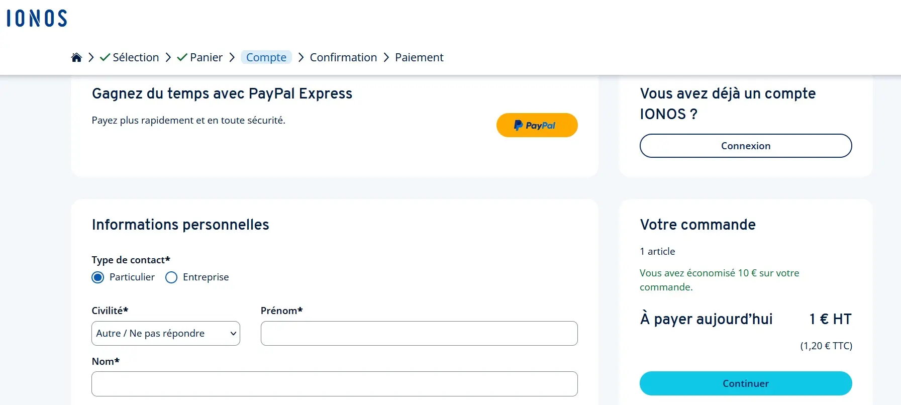 Image: Capture d’écran de l’enregistrement chez IONOS