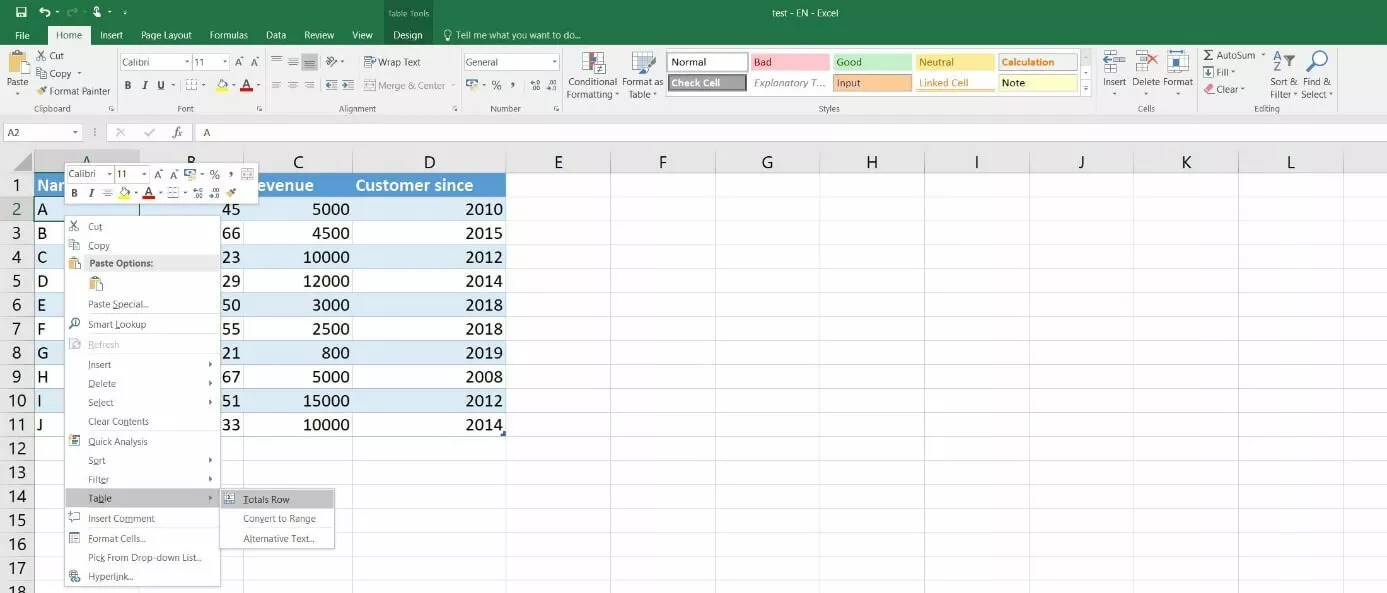 Image: Excel 2016 : insérer la ligne de résultat du tableau