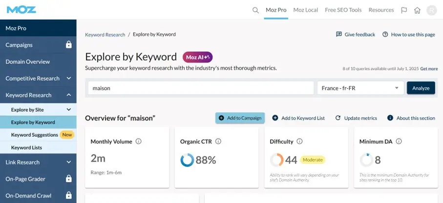 Moz Pro Keyword Explorer : aperçu des résultats Image: Moz Pro Keyword Explorer : aperçu des résultats